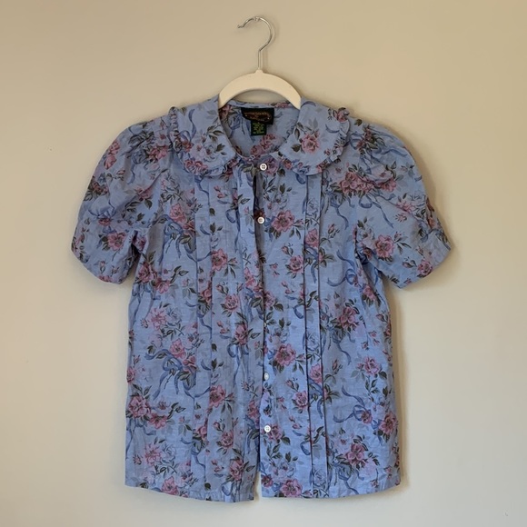 PETER Pan Collar Floral Short Sleeve Buttondown Blouse 100% Cotton Size 2 - Picture 12 of 14